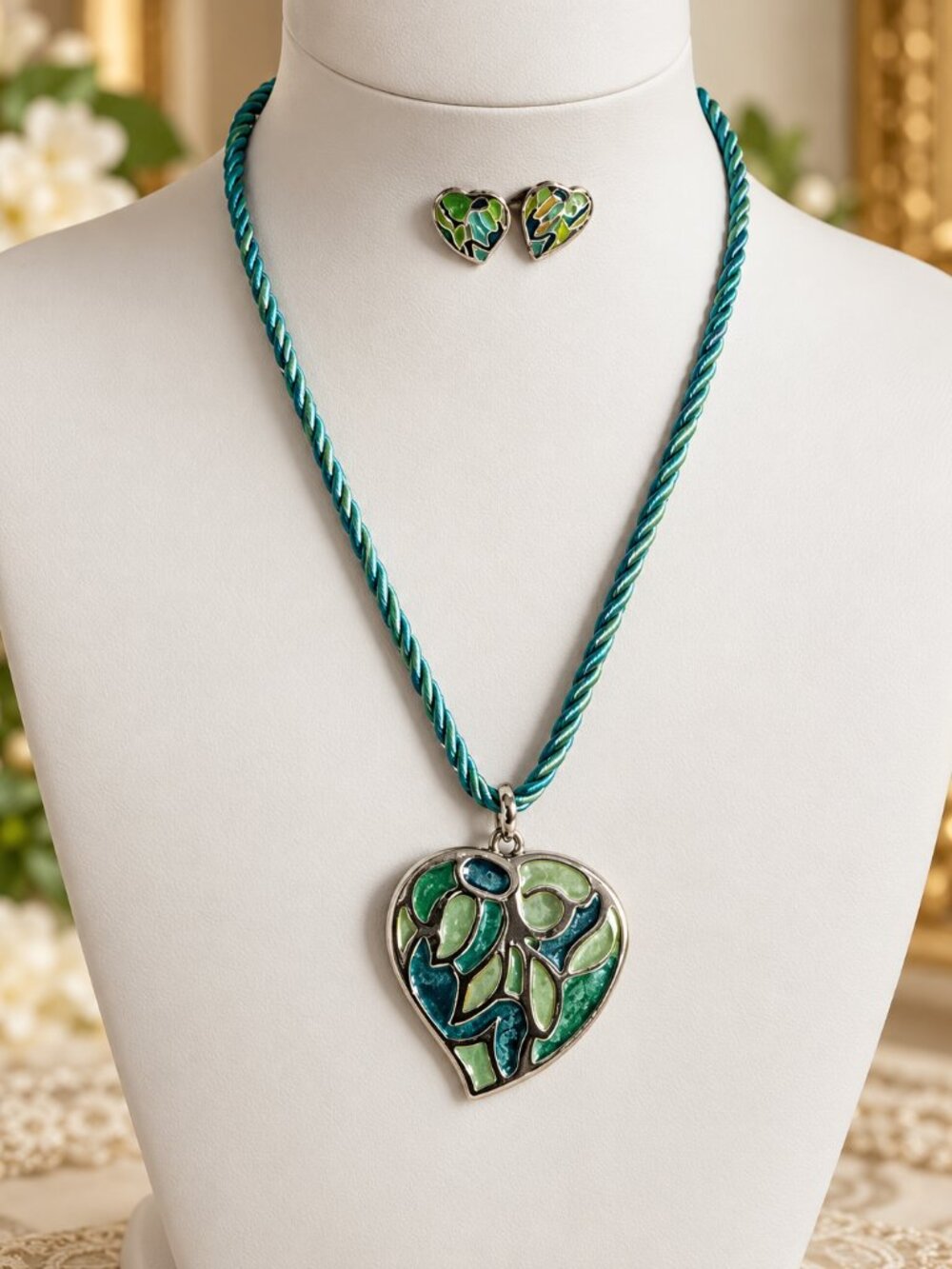 Blue and silver heart shape Pendant necklace set